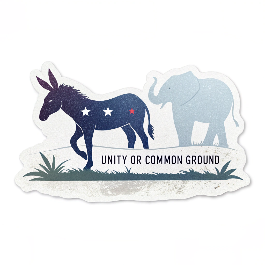 A minimalist design featuring the silhouette of a donkey (symbol of the Democratic Party) or an elephant (symbol of the Republican Party) with a subtle, respectful message about unity or common ground.