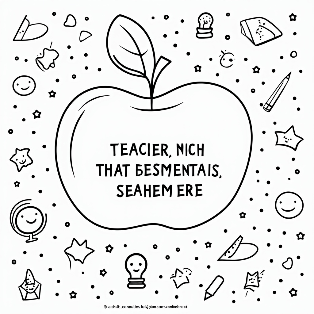 Apple with Thematic Doodles: Central apple outline with a clear quote, surrounded by small, cute teacher-themed doodles (e.g., pencils, rulers, globes, lightbulbs, smiling stars) for extra coloring elements.