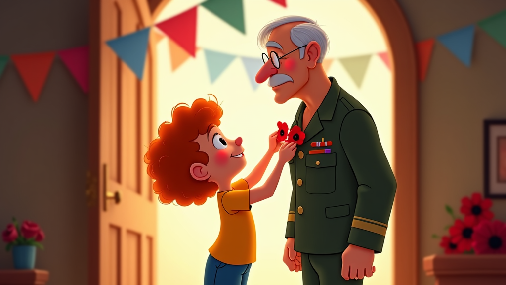 A charming cartoon showing a child pinning a paper poppy on a veteran's lapel with a sense of pride. The veteran, moved, stands in a doorway filled with festive bunting. The scene is heartwarming, emphasizing the personal connections and gratitude shared with veterans on this special day.