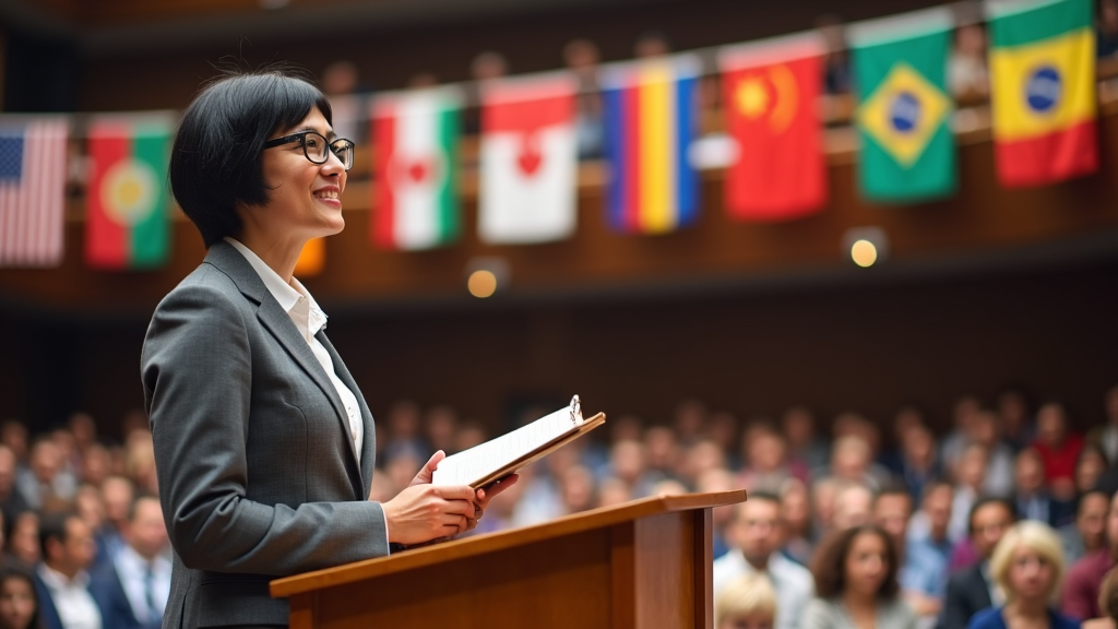 A well-dressed teacher holding a clipboard stands before a sturdy podium, addressing an auditorium filled with students. Flags from various nations hang above, symbolizing a multicultural theme.