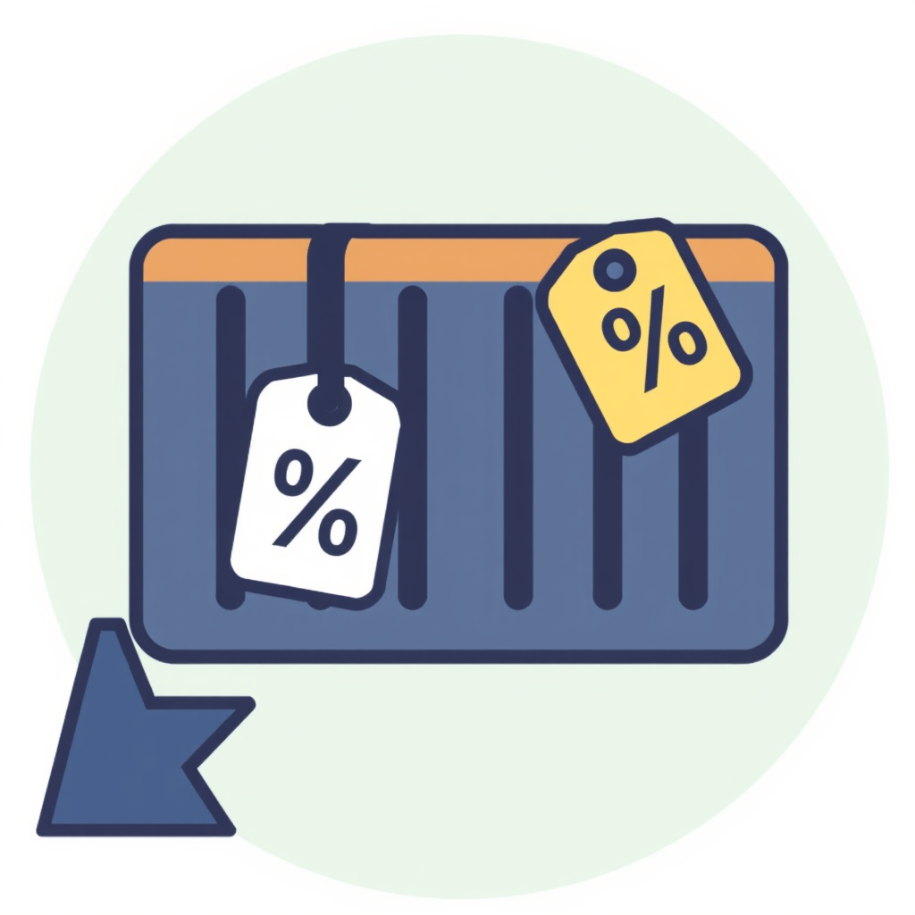 Sub-Design 4 (Container & Tag): A shipping container or package icon with an arrow pointing away (export), featuring a small attached tag clearly displaying a percentage (%) or a 'tariff' label.