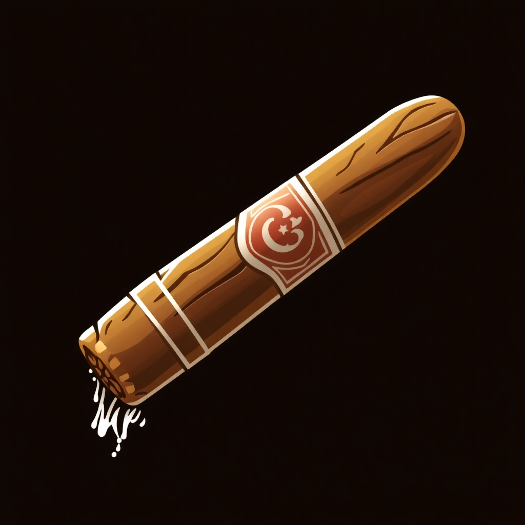 The image is a digital illustration of a cigar. The cigar is in the center of the image, with a dark brown color and a smooth texture. On the top of the cigar, there is a red and white logo with a stylized letter C in the middle. The logo is surrounded by a white border. The background is black, making the cigar stand out. The overall design is simple and minimalistic.