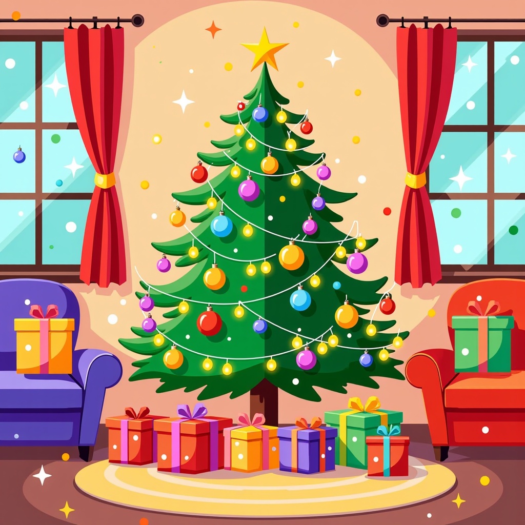 The image shows a living room with a Christmas tree decorated with colorful ornaments, lights, and a star on top. There are two sofas with gift boxes on either side of the tree, and windows with curtains in the background. The image is animated, giving it a festive feel.