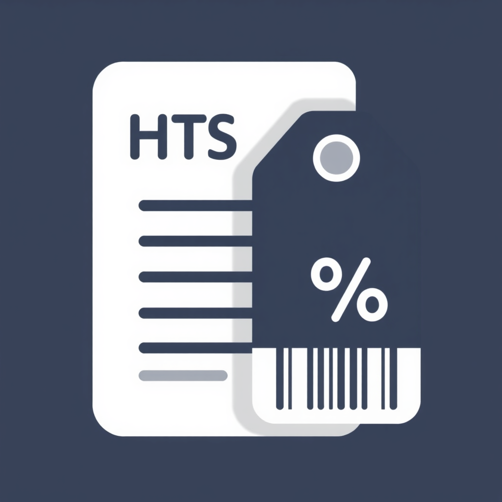 Icon merging a document symbol (representing tariff schedule) with a tag symbol. The document section displays horizontal lines, while the tag section features 'HTS' or a barcode motif. A small percentage (%) sign can be subtly integrated.