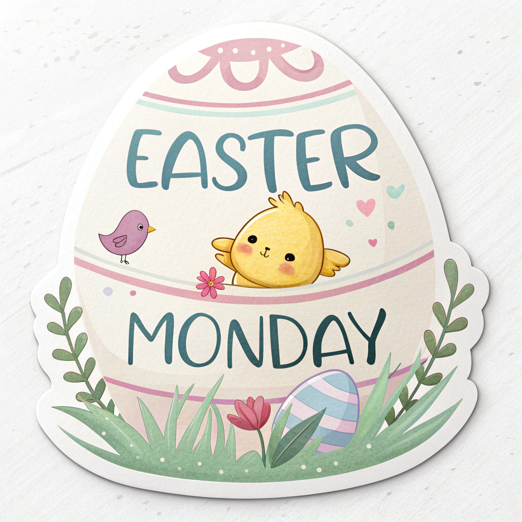 A pastel-colored sticker featuring an Easter egg with a small chick peeking out, labeled 'Easter Monday'.