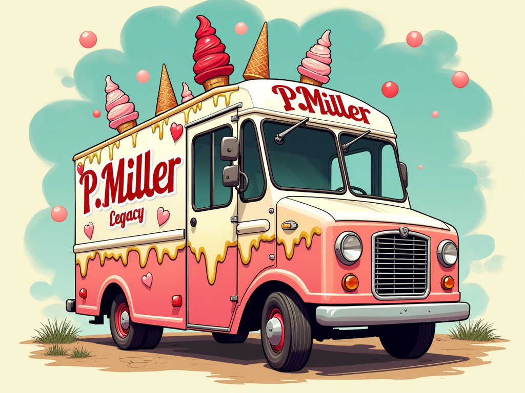 Retro 'Ice Cream Man' Vibe: A vintage-style design nodding to the 'Ice Cream Man' era. Think old-school ice cream truck graphics, dripping gold elements, and a playful 'P. Miller Legacy Birthday Bash' font.