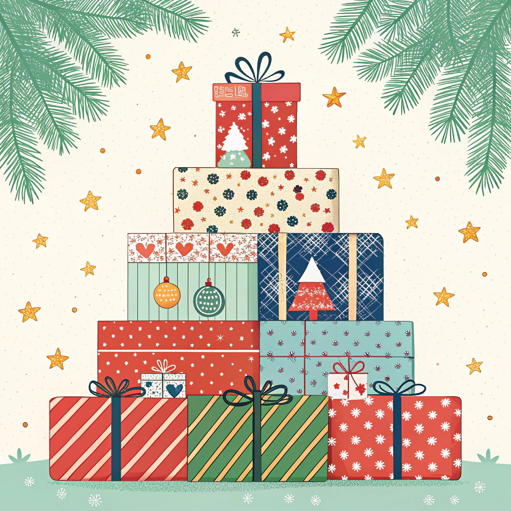 A pile of colorful Christmas presents wrapped in various patterned papers including stripes, polka dots, and festive icons like Santa hats and stockings, all under a sparkling fir.