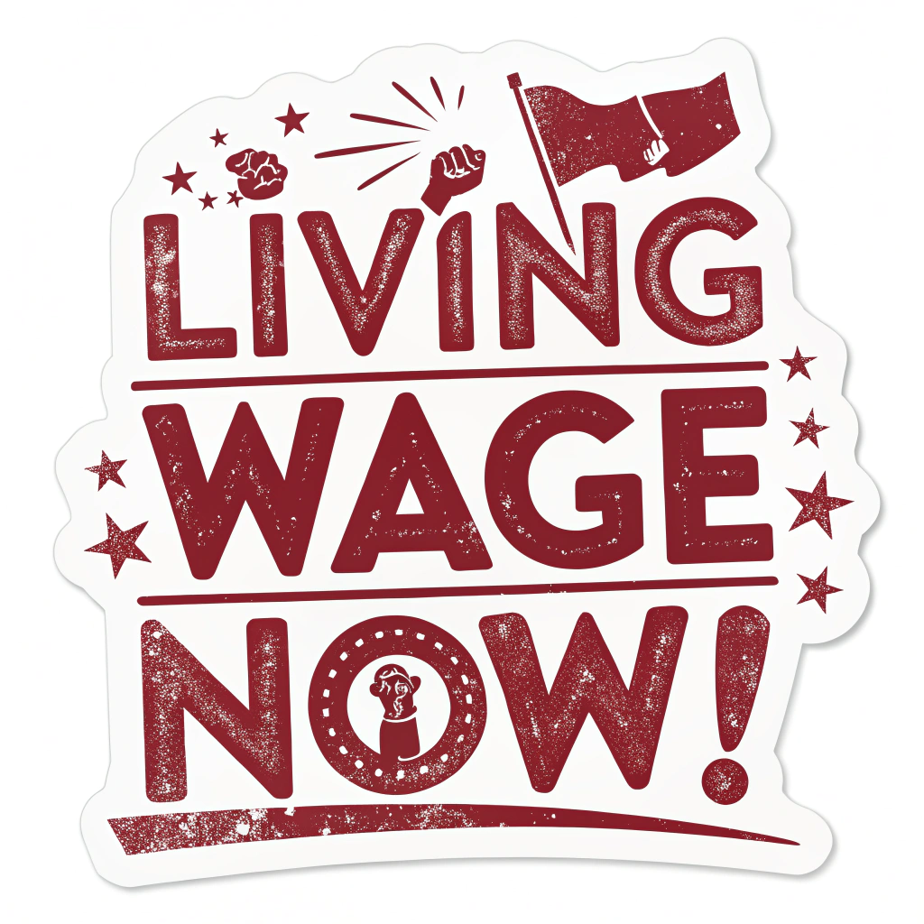 A sticker featuring a bold, impactful font (like stencil or block letters) stating 'LIVING WAGE NOW!' in red or black, perhaps with a subtle distressed texture to imply urgency.