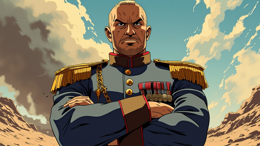 The image is an illustration of a man in a military uniform standing in a desert-like landscape. The man is bald and has a serious expression on his face. He is wearing a blue jacket with gold epaulettes and medals on his chest. His arms are crossed in front of him and he appears to be deep in thought. The background shows a rocky landscape with a cloudy sky. The overall color scheme of the image is blue, red, and yellow.