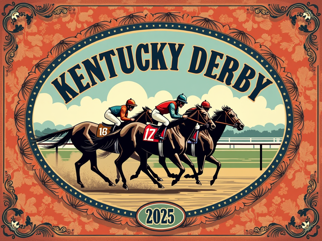 T-Shirt Design Sub-Idea 5: A design that pays homage to vintage Kentucky Derby posters. This would involve using authentic jockey silk patterns as either a bold background motif or as a decorative border, framing a classic illustration (e.g., a race finish or a portrait of a jockey). Typography for 'Kentucky Derby' and '2025' should match the retro style.