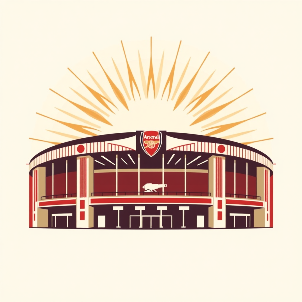 Art Deco Highbury East Stand Silhouette: A logo featuring a stylized Art Deco silhouette of Highbury's East Stand façade, incorporating the Arsenal cannon within its architectural lines. Use strong geometric shapes, sunburst patterns, and a color palette of deep red, white, and gold.