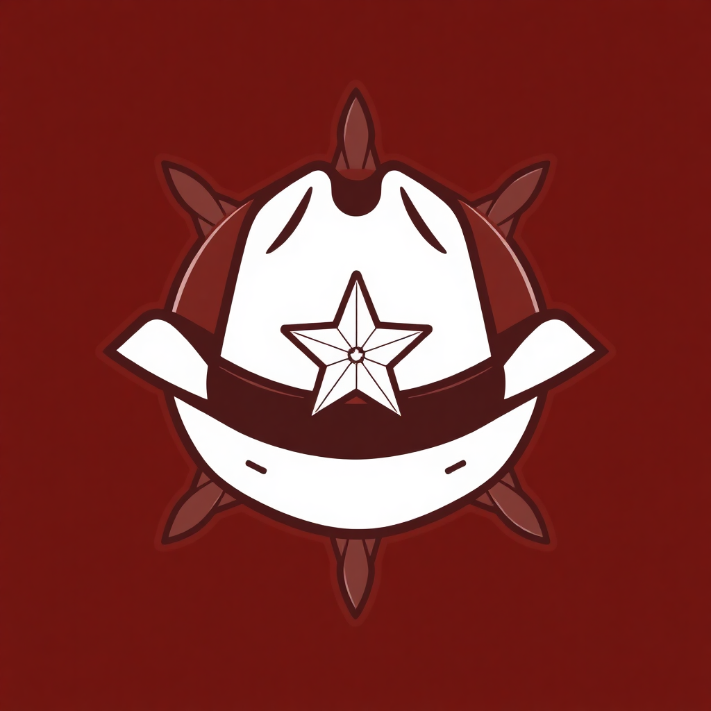 A badge shaped like a cowboy hat with a star emblem on the front, blending two iconic symbols.