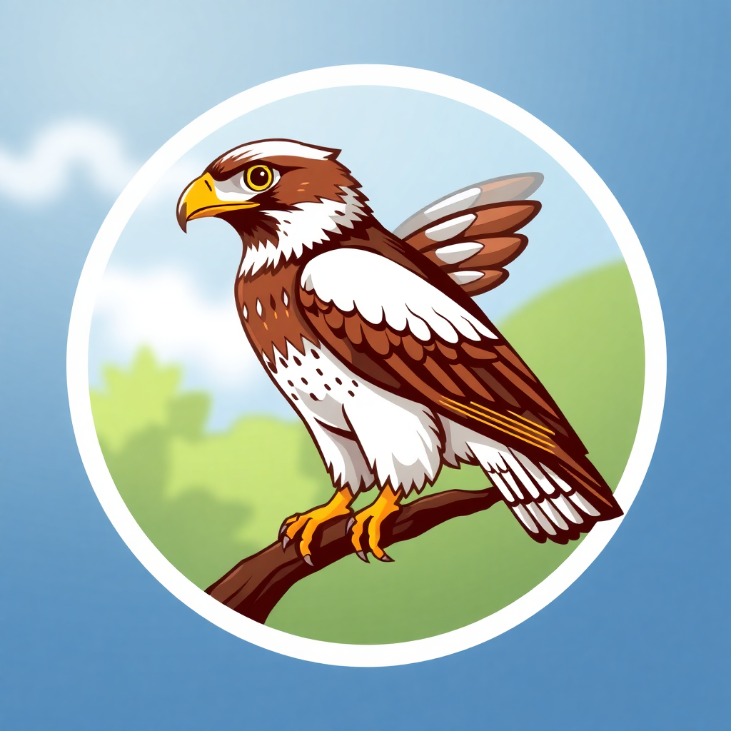 The image is a circular illustration of a bird of prey, specifically a hawk, perched on a branch. The hawk is facing towards the right side of the image, with its wings spread wide and its head turned slightly to the left. It has a brown and white body with a yellow beak and talons. The background is a light blue sky with white clouds and green trees. The branch it is perched on is brown and appears to be bare. The image has a cartoon-like quality to it.