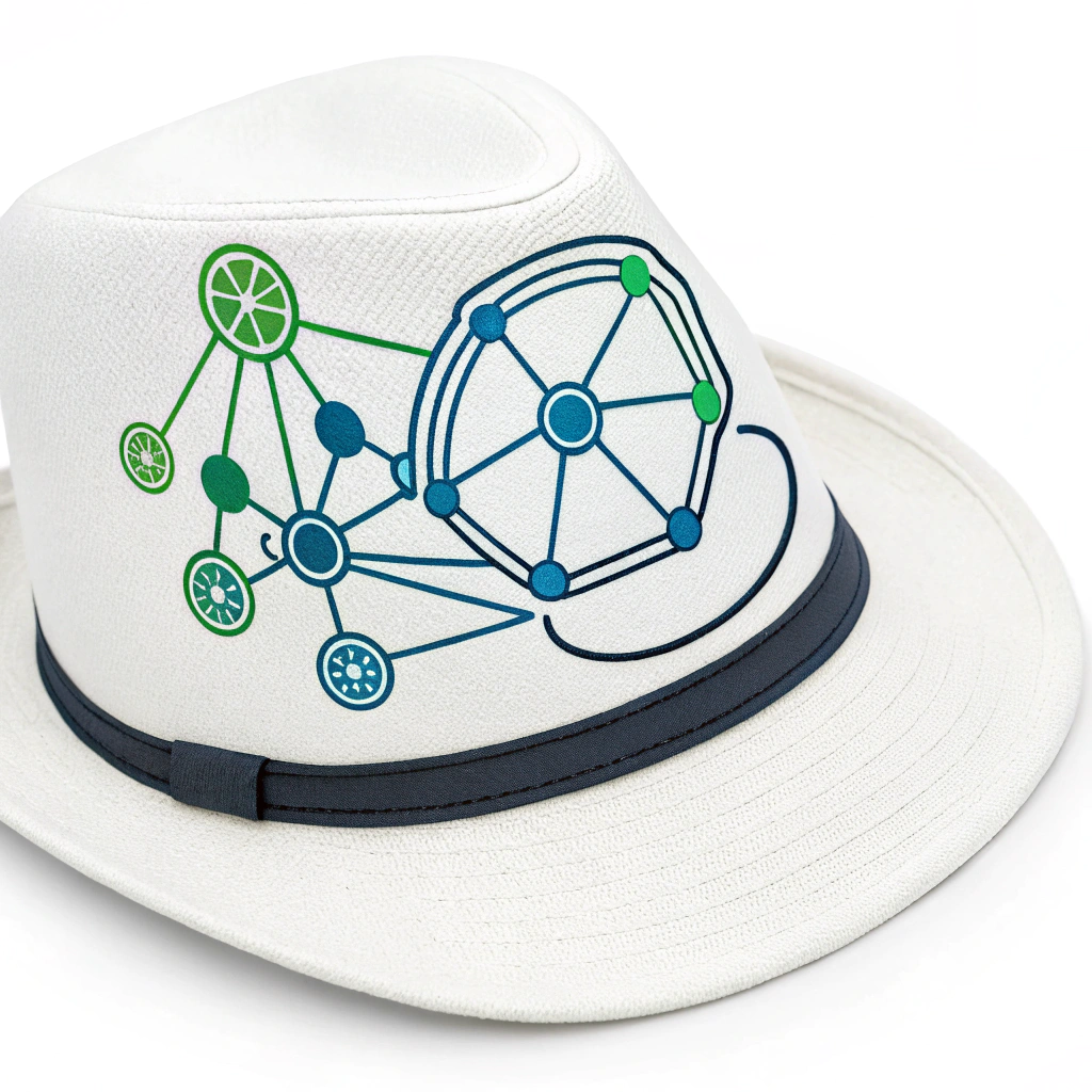 Ethical Hacker: White Hat Emblem - Sub-Design 2: An abstract white hat formed by interconnected glowing blue or green nodes and lines, resembling a secure segment of a network. This design highlights the hacker's role as a guardian of digital infrastructures.