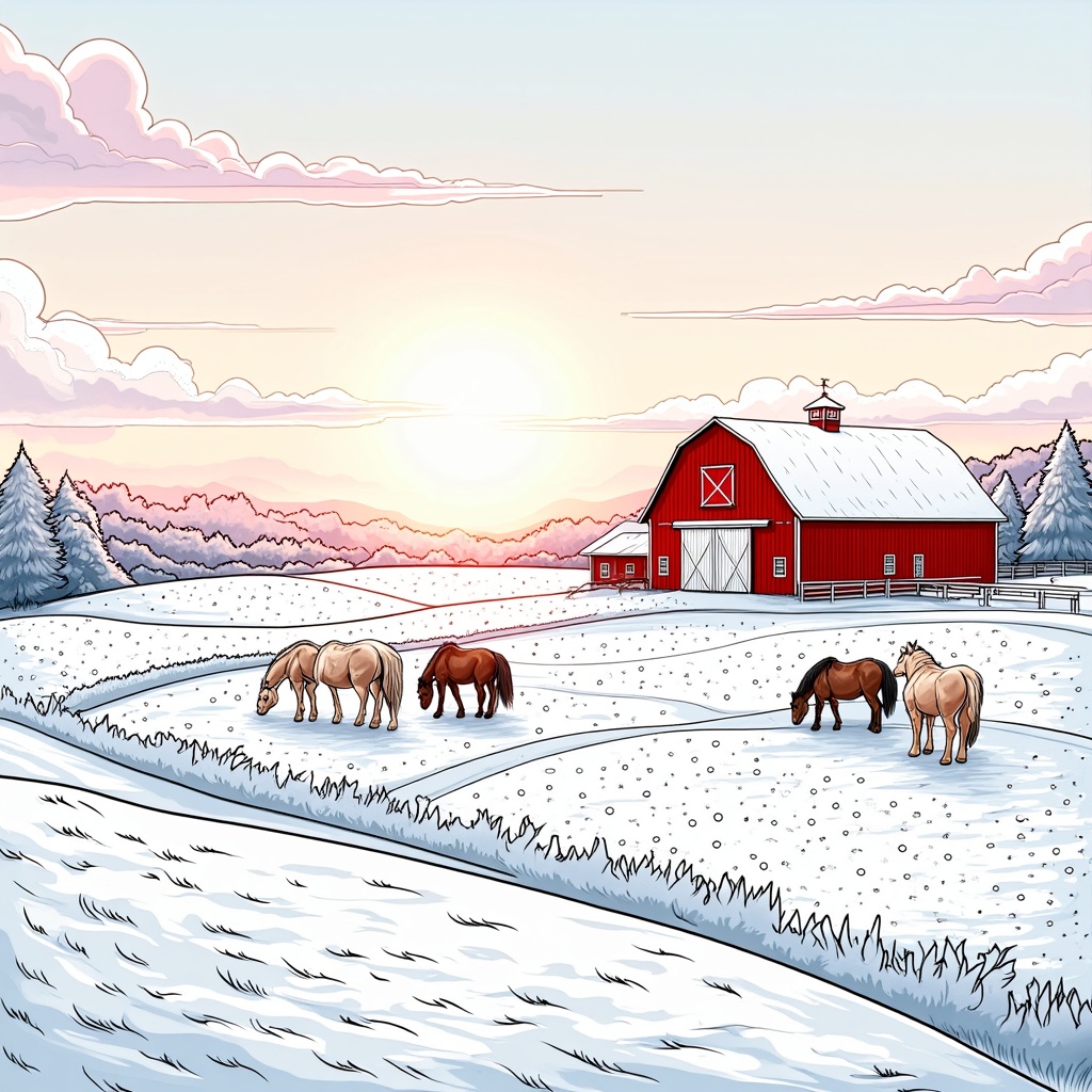 A tranquil winter farm landscape with frost-covered fields and a red barn glowing softly in the early dawn light. Horses munch peacefully in the paddocks, their breath forming small clouds in the chilly morning air. The sky above is a gentle shade of pink and blue.