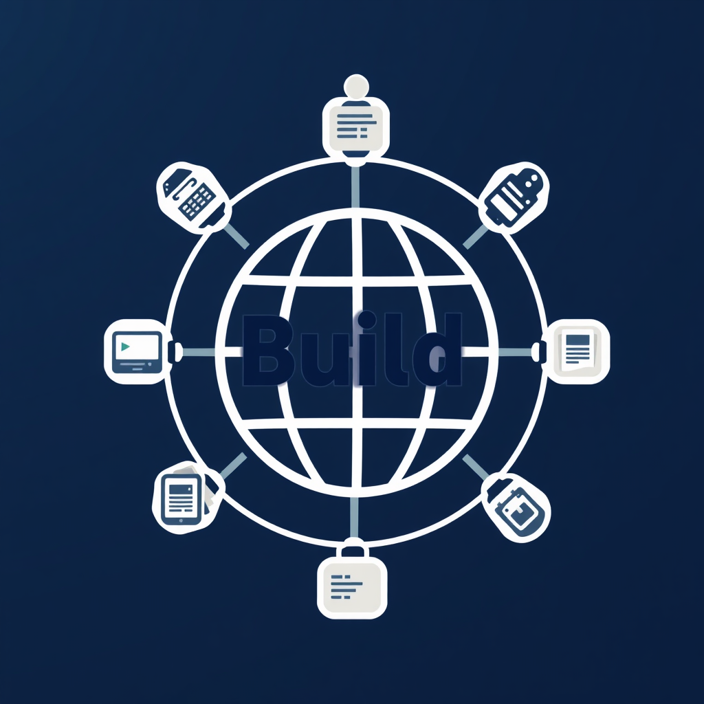 Orbiting Community Icons: A central, minimalist 'Build' symbol or abstract globe with small, iconic representations of developers or code snippets orbiting it like satellites, visually portraying the worldwide developer community actively engaged.