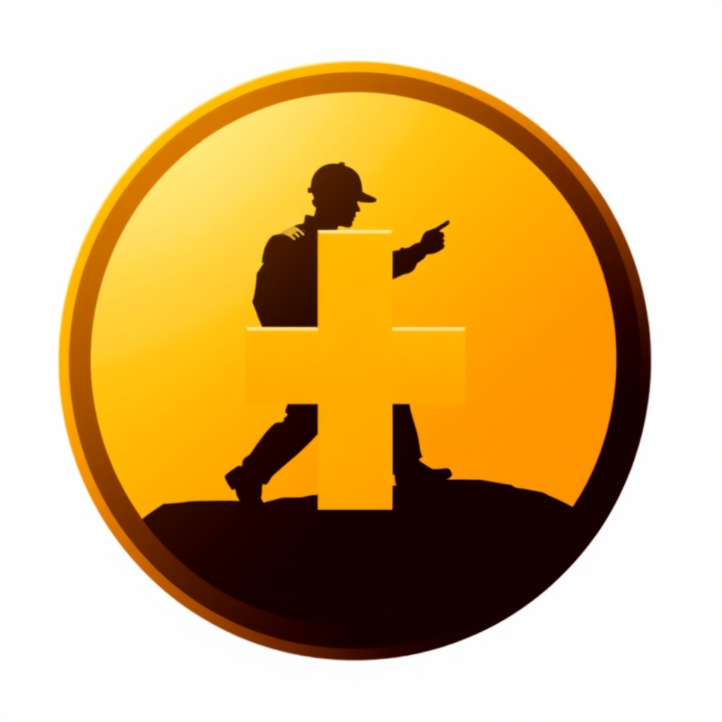 A circular badge containing a plus sign. Within the boundary of the plus sign, a dynamic silhouette of a worker actively performing a task safely is depicted.