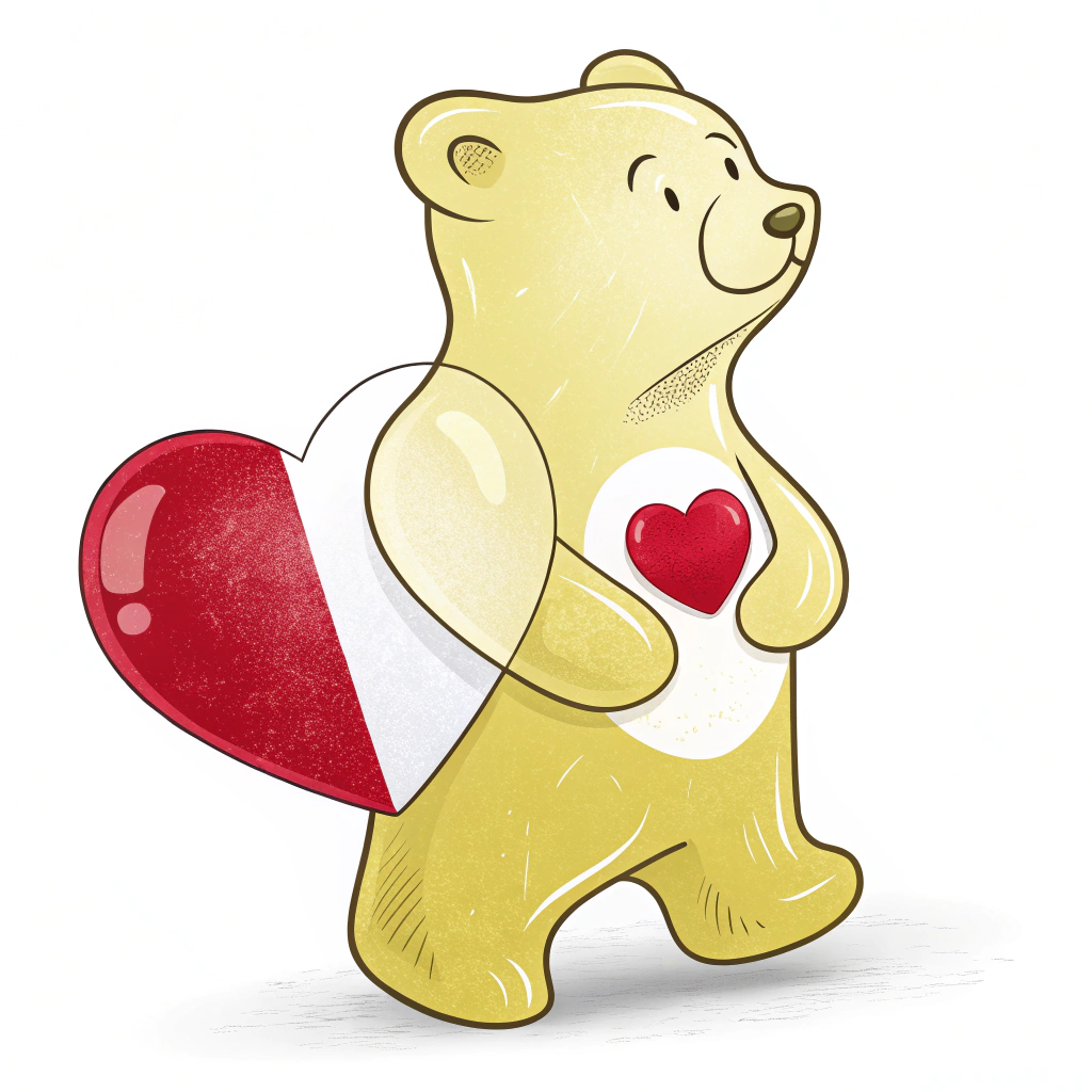 Simple Icon Element Idea for Sticker: A clean, single gummi bear silhouette with a contrasting small heart shape clearly visible on its chest, symbolizing 'I Love Gummi Bears' and the 'National Day Heart' concept in a minimalist way.