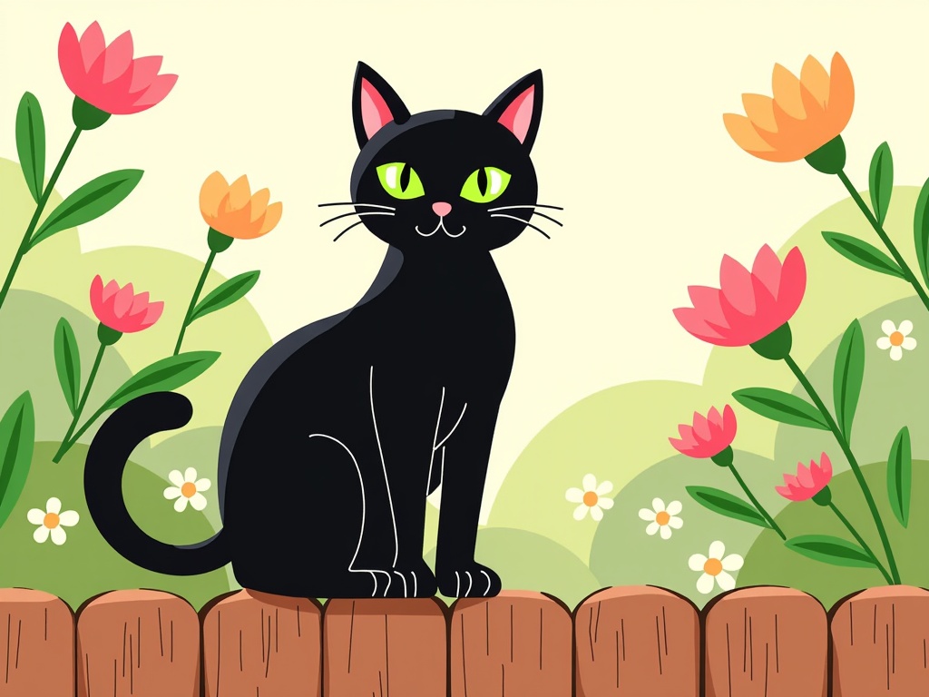 The image is an illustration of a black cat sitting on a wooden fence. The cat is facing the camera and has green eyes and pink ears. It is sitting on its hind legs with its front paws resting on the fence. Behind the cat, there are pink and orange flowers with green leaves and stems. The background is a light green color with white daisies scattered throughout. The overall style of the illustration is cartoon-like and playful.