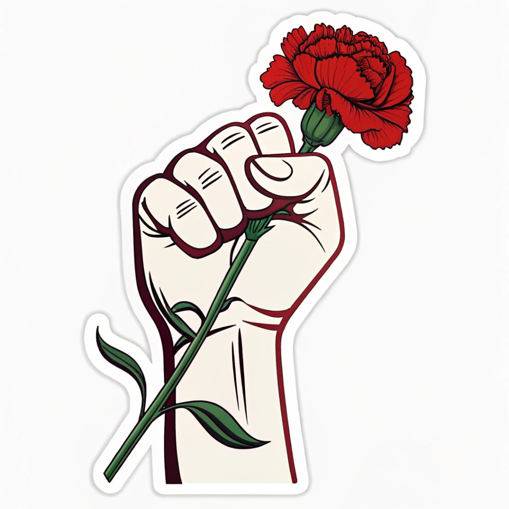 Simple Icon Idea: A stylized graphic icon of a raised fist holding a single red carnation, symbolizing labor struggle and solidarity, referencing historical May Day symbols.