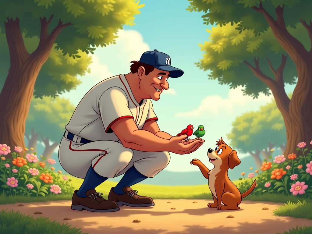 Character illustrations of Babe Ruth as a gentle giant showing kindness to animals. Examples: feeding birds from his large hand, or a small, brave puppy playfully interacting with him, emphasizing his soft side.