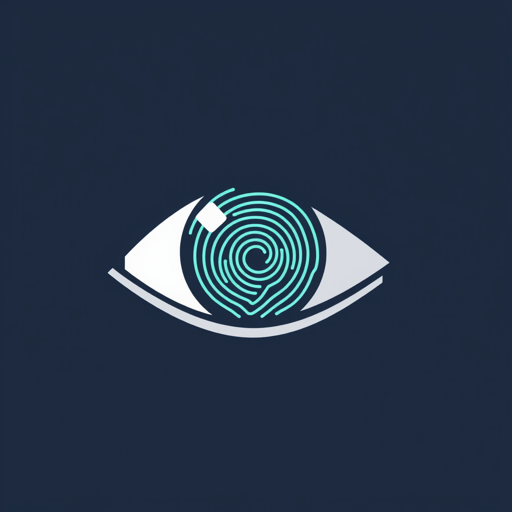 Simple Icon Idea: A stylized eye whose iris is composed of fingerprint whorls, with sub_tle digital circuit patterns integrated to convey active biometric security and vigilance.