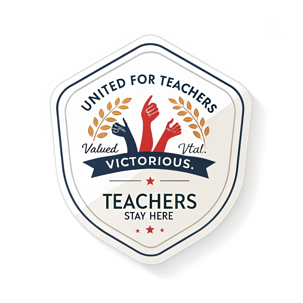 Sticker Design 5: 'United for Teachers.' A circular or shield-shaped design. 'Valued. Vital. Victorious.' are arranged dynamically, perhaps encircling a central icon (like hands supporting a sapling). 'Teachers Stay Here' is a clear, prominent message. Palette: inclusive and inviting colors.
