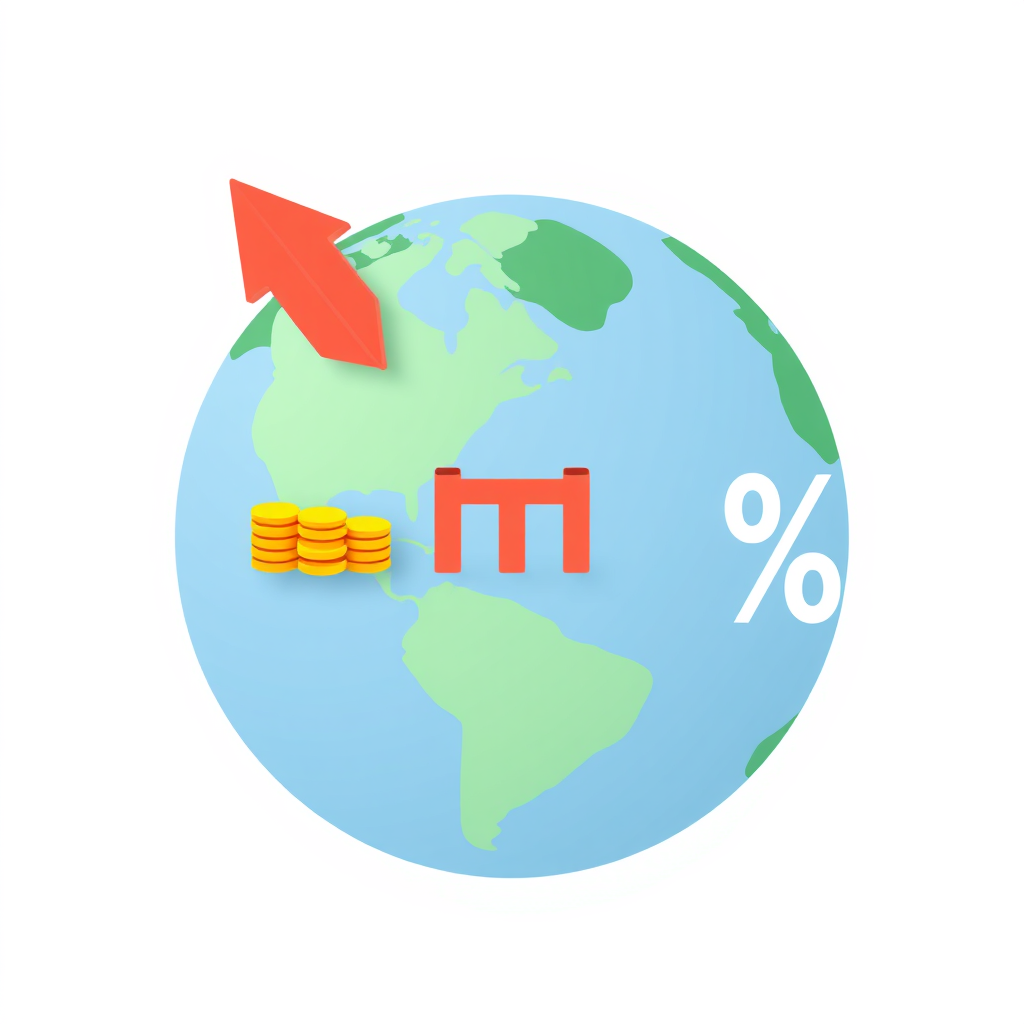 Tariff cost visualized: A globe with trade arrows. At points where arrows cross a conceptual border line, a small stack of coins or a price tag icon appears next to a barrier symbol (like a small gate) and a prominent percentage (%) sign, emphasizing the cost aspect of tariffs.