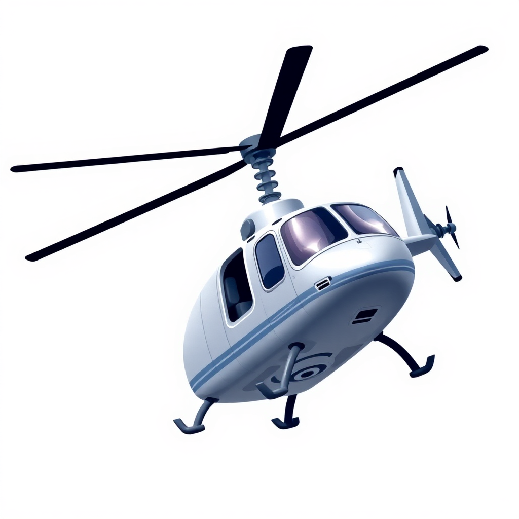 The image is a digital illustration of a helicopter. The helicopter is white in color and has two propellers on either side of the body. The blades of the helicopter are black and extend upwards towards the sky. The cockpit is visible, with two windows and a door. The body of the aircraft is also white, with a blue stripe running along the side. The background is plain white, making the helicopter the focal point of the image.