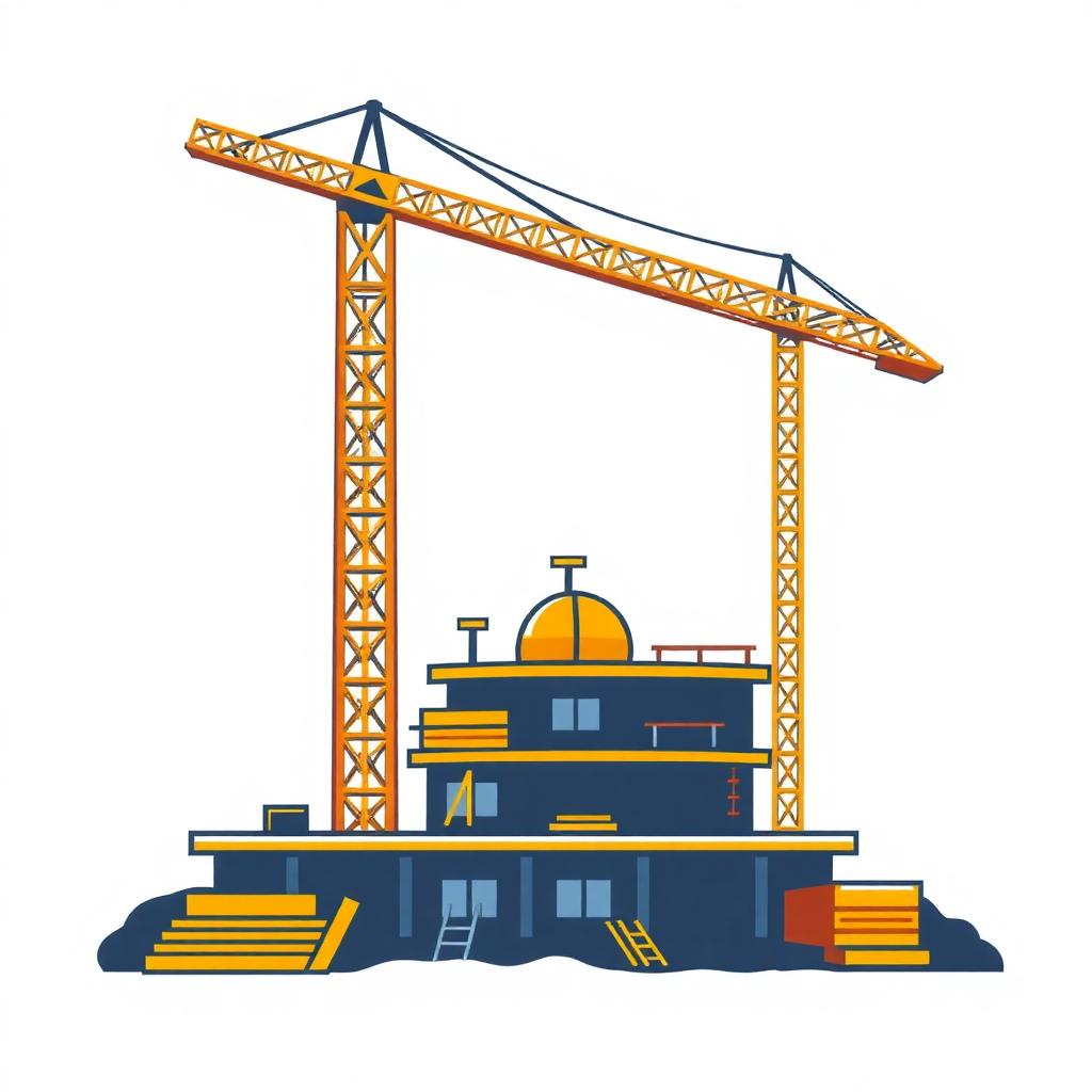 The image is an illustration of a construction site with a large yellow crane. The crane is tall and slender with a long arm extending upwards towards the top of the image. It has a dome-shaped structure on top, which appears to be a dome or dome-like structure with a dome on top. The building below the crane is blue and has several windows and doors. There are stairs leading up to the entrance of the building and a ladder on the right side. The background is white. The image is in a flat, cartoon-like style.