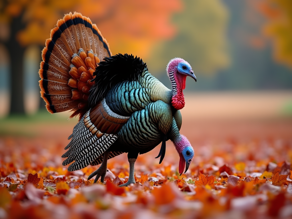 A wild turkey wanders through a field streaked with the reds and yellows of autumn leaves.