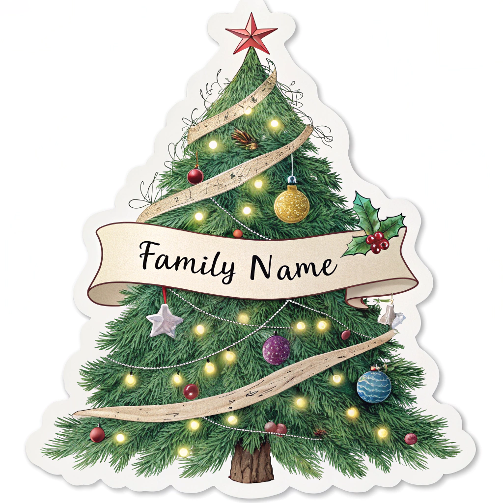 A Christmas tree sticker customized with a family name across a ribbon banner, personalizing the holiday cheer and making it ideal for gifts.