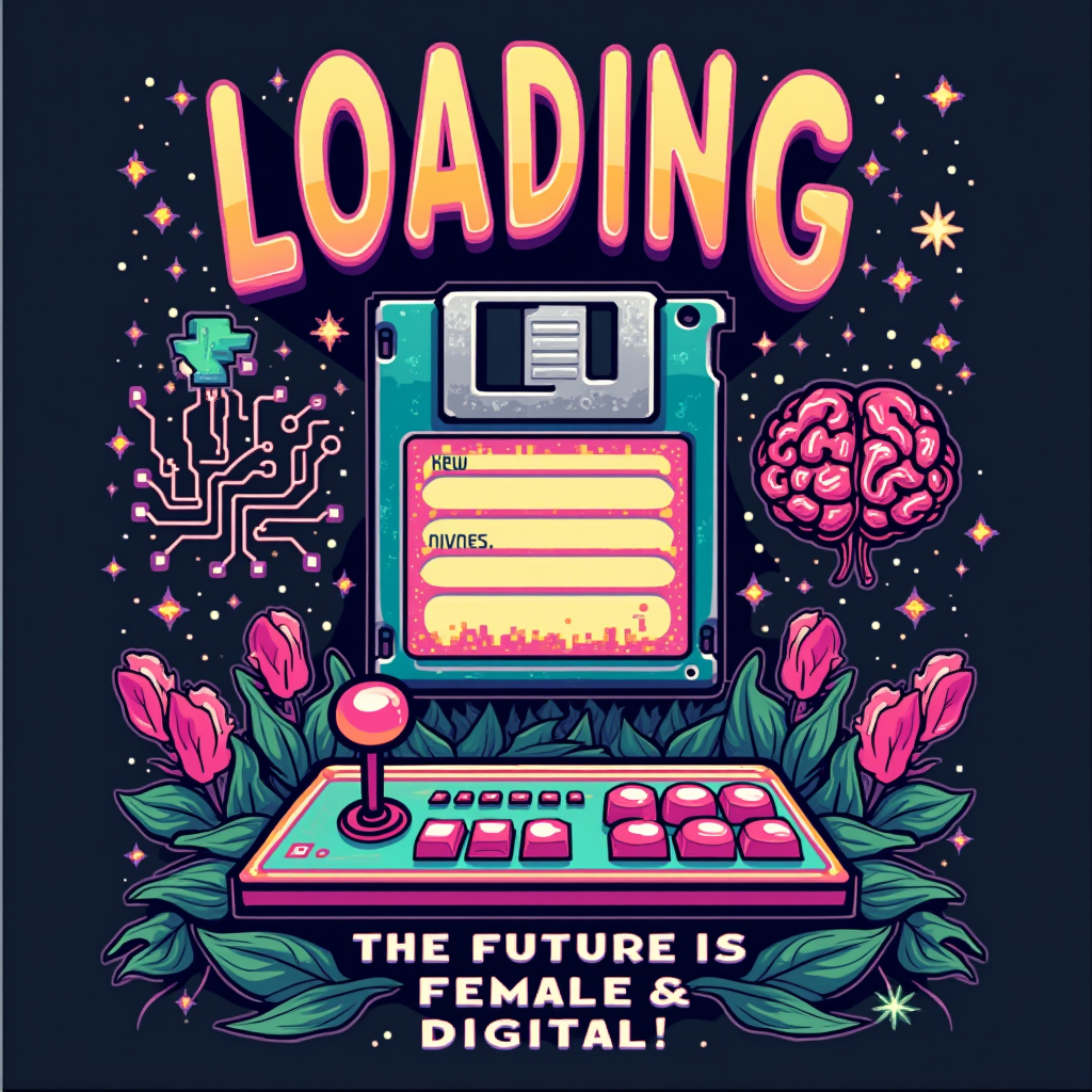 A vibrant composition featuring multiple 8-bit style icons: a floppy disk distinctly marked with a Venus symbol (♀), a pixelated brain emitting glowing circuits, and a classic retro joystick. The phrase 'LOADING: The Future is Female & Digital' is rendered in an old-school arcade game font.