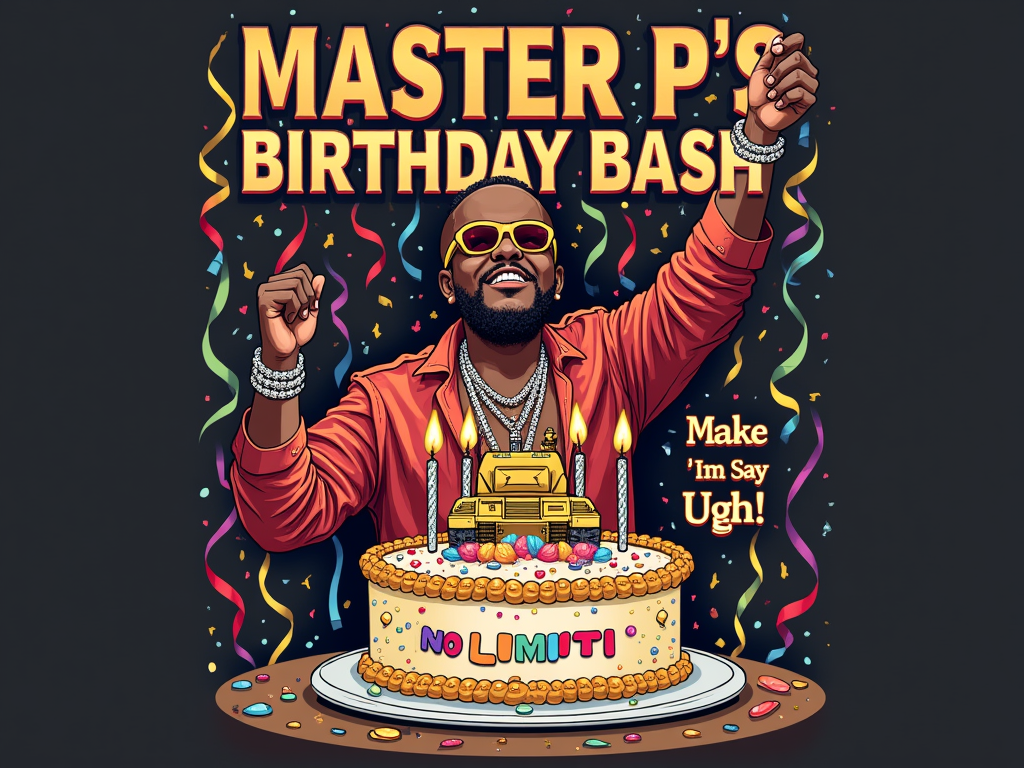Sub Design Idea 2: Master P in a celebratory pose with a No Limit-themed birthday cake (e.g., mini gold tank topper). Prominent text: 'Master P's Birthday Bash' and 'Make 'Em Say Ugh!' using metallic inks.