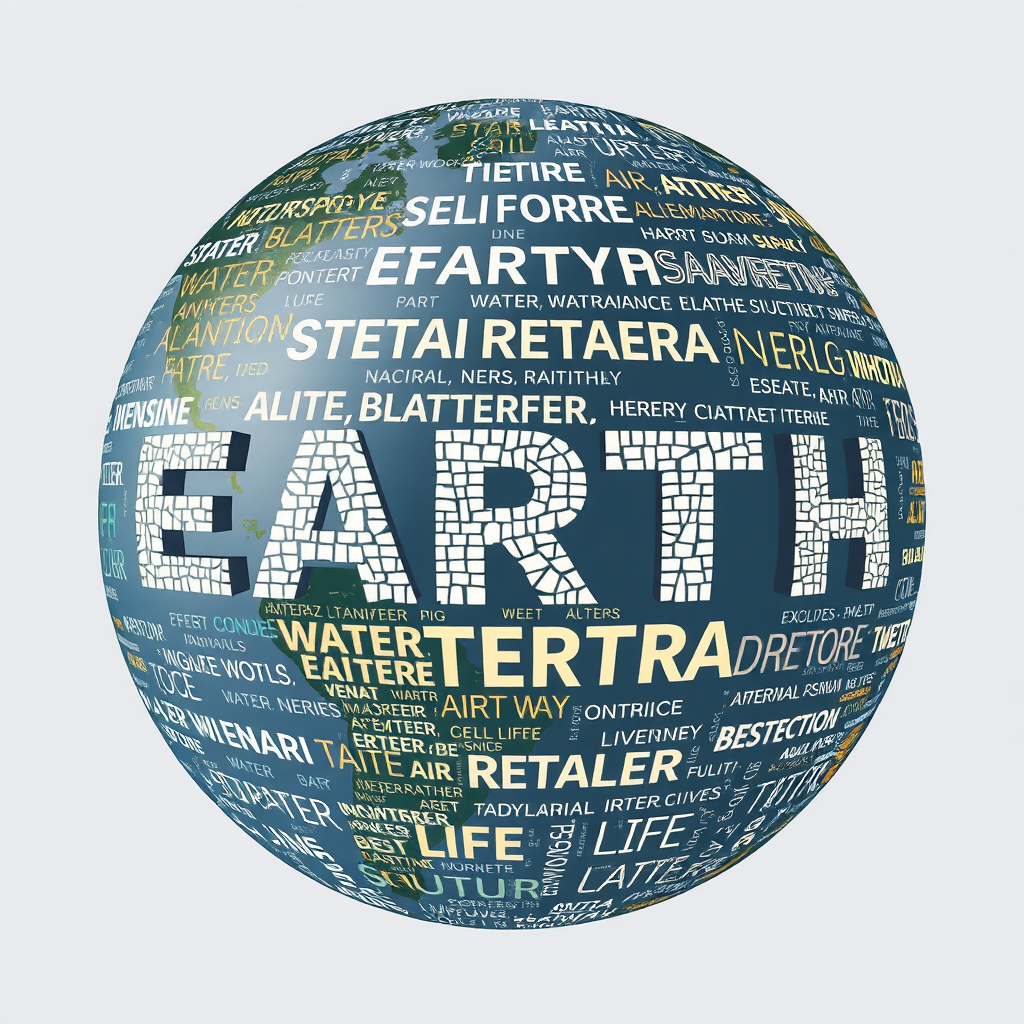 Lexical Globe: The primary word 'EARTH' or 'TERRA' is constructed from a mosaic of smaller, interconnected words like 'WATER,' 'AIR,' 'SOIL,' 'LIFE,' 'FUTURE.' These words form the thick strokes of the main letters, and the entire word subtly implies a spherical form, representing the 'Word As World' concept.