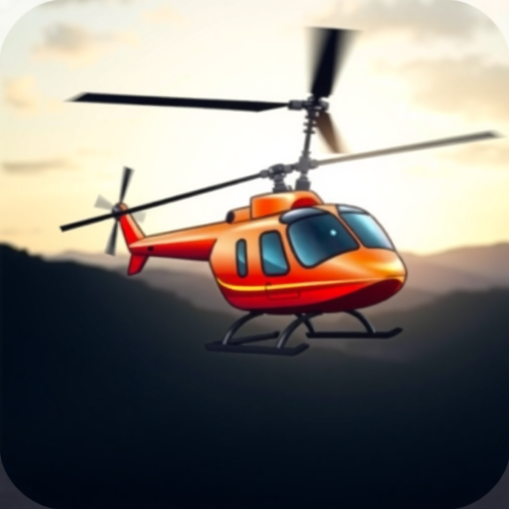 The image is a digital illustration of a helicopter flying over a mountainous landscape. The helicopter is orange in color and has a sleek design with a pointed nose and two propellers on either side. It appears to be in mid-flight, with the sun setting in the background, casting a warm glow over the horizon. The sky is a mix of orange and pink hues, indicating that it is either sunrise or sunset. The mountains in the distance are silhouetted against the sky, creating a sense of depth and perspective. The overall mood of the image is peaceful and serene.