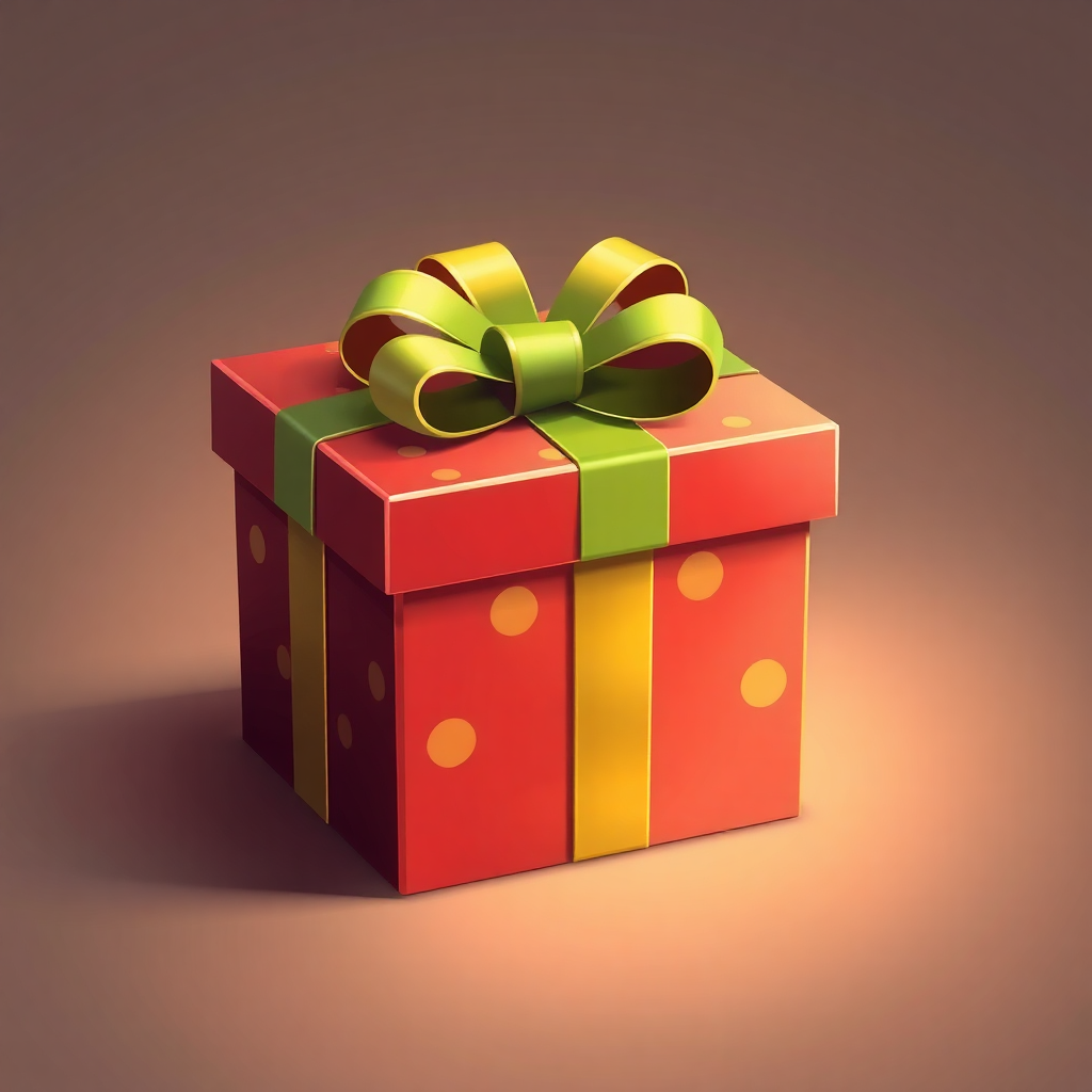 The image is a 3D rendering of a gift box. The box is rectangular in shape and has a red base with yellow polka dots. On top of the box, there is a large green ribbon tied in a bow. The ribbon is tied in two colors - green and yellow. The background is a light brown color. The overall color scheme of the image is red, yellow, and green.