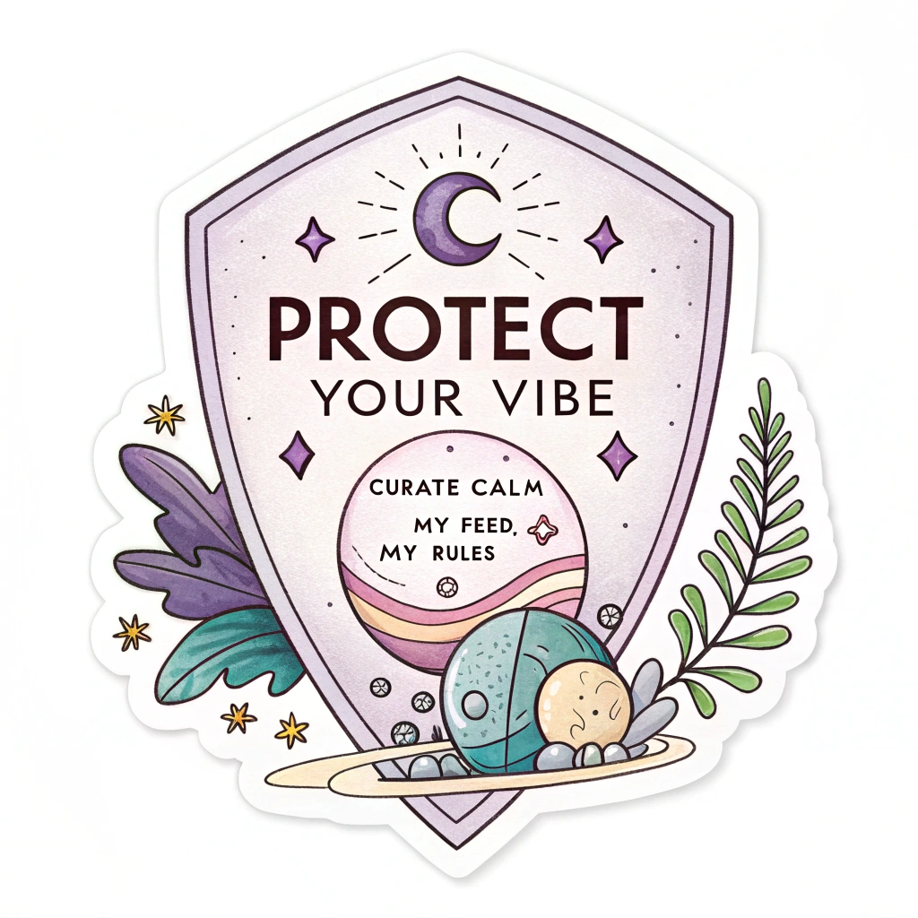 Sub-design idea 4: 'Protect Your Vibe' Sticker - A stylized shield or a softly glowing orb with positive affirmations like 'Curate Calm' or 'My Feed, My Rules'. Focus on empowering visuals.