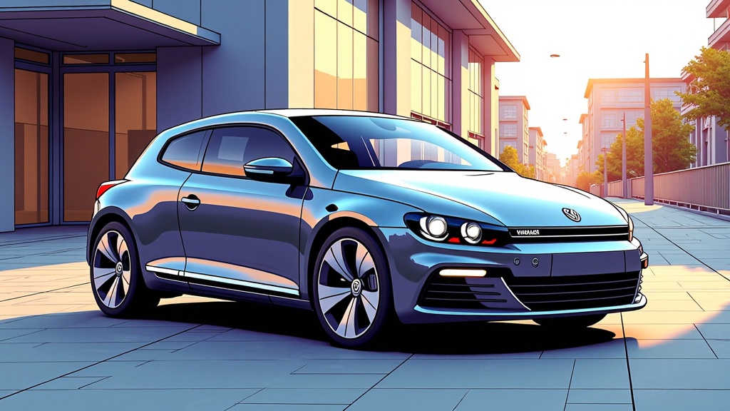 The image is a digital illustration of a blue Volkswagen Scirocco car parked on a city street. The car is facing towards the left side of the image and is positioned in front of a modern building with large windows. The building appears to be a two-story structure with a flat roof and large doors. The street is lined with trees and there are other buildings in the background. The sky is blue and the sun is setting, casting a warm glow over the scene. The Volkswagen logo is prominently displayed on the front of the car.