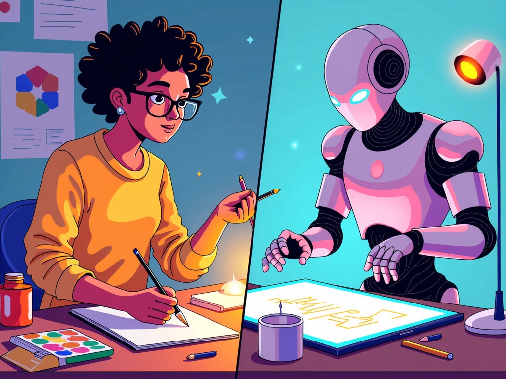 A split-screen illustration: one side showing a human designer sketching manually, the other side showing an AI generating complex visuals on a screen. The theme could be collaboration or competition.