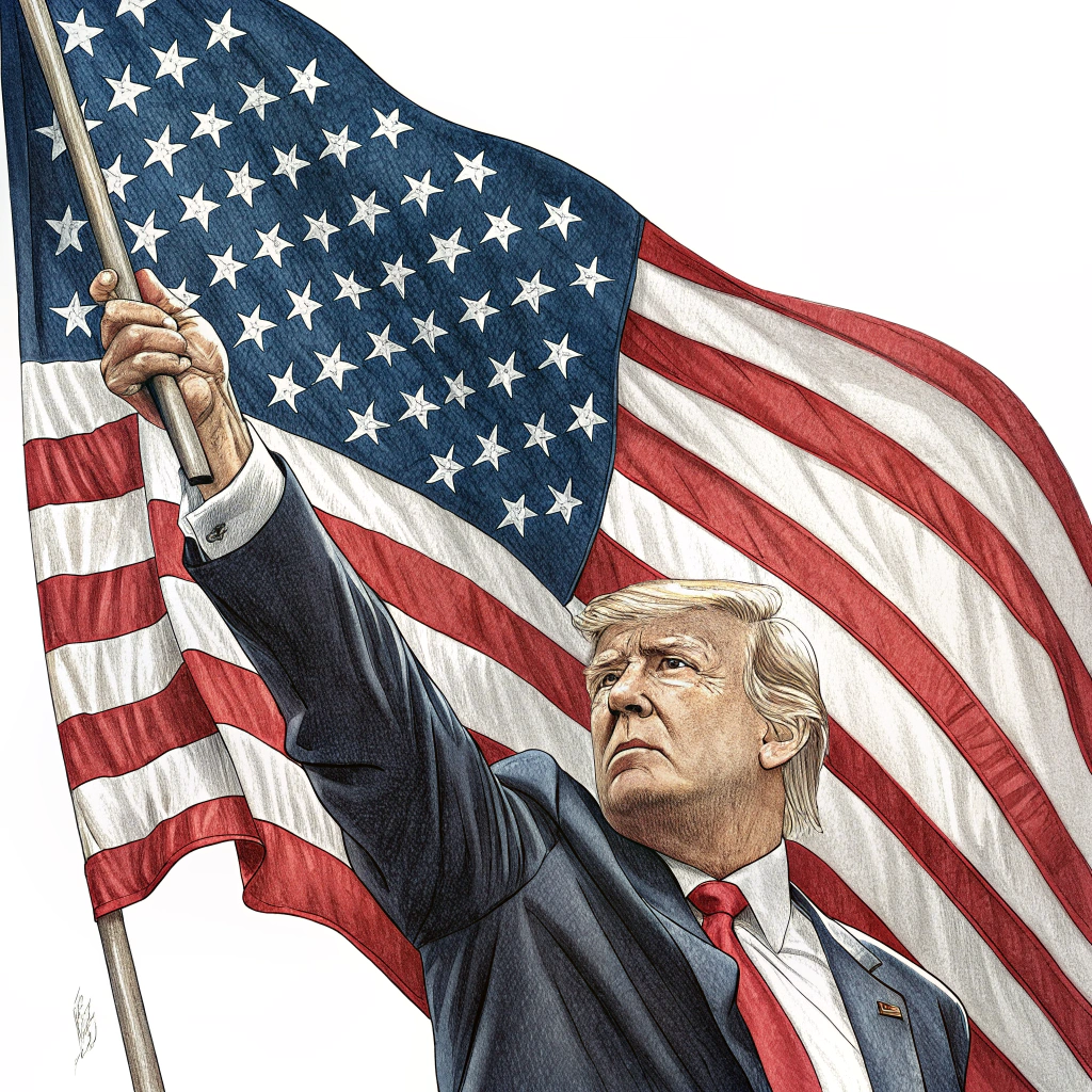 A sticker displaying a close-up of Donald Trump's hand waving an American flag, with the flag's stars and stripes rendered in detail. This design would focus on the symbol of the flag and Trump's association with it.