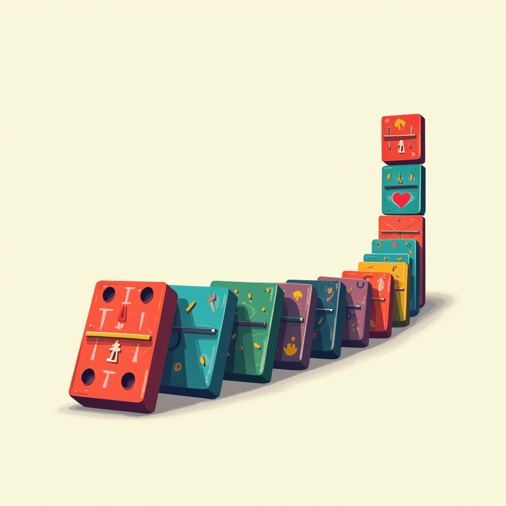 Design 1: Visualize falling dominoes where the first piece features a kindness symbol (heart/hands) initiating a cascade representing spreading good deeds.