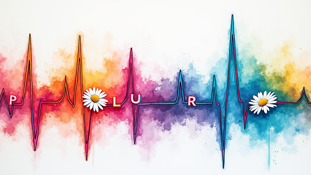 PLUR Lifeline: Design a T-shirt featuring a vibrant, rainbow-colored EKG (heartbeat) line that creatively integrates the letters P-L-U-R within its peaks and troughs. The EKG line could transition through a spectrum of colors, perhaps with a stylized daisy (EDC symbol) at one end.