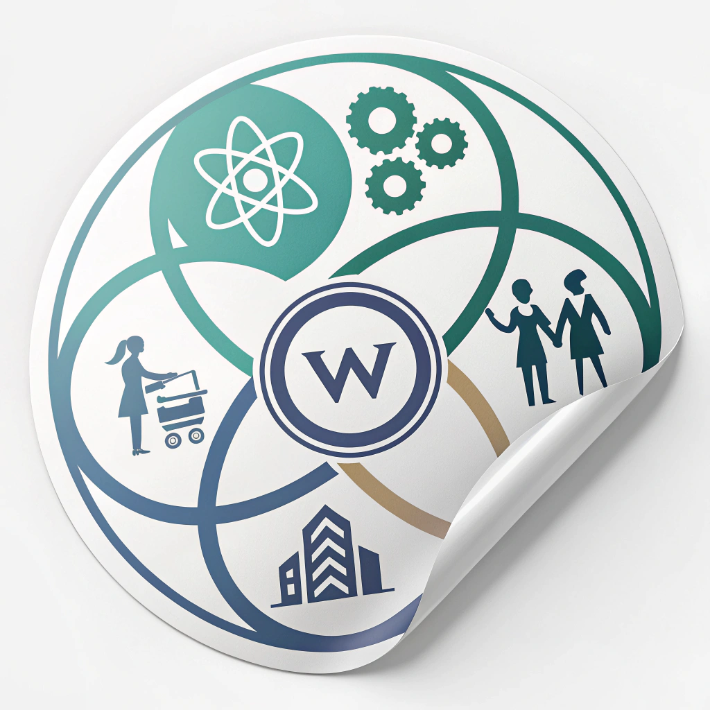 Design a logo with interconnected geometric shapes representing different businesses, with a prominent 'W' (for women) subtly integrated. The logo should convey strength, collaboration, and growth.