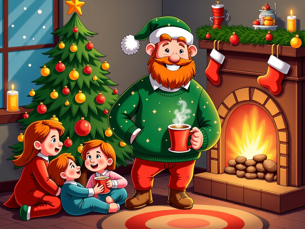  a family of four gathered around a Christmas tree in a living room. The tree is decorated with colorful ornaments, lights, and a star on top. The family is sitting on the floor in front of the fireplace, which is lit with a warm glow. The man in the center of the image is wearing a green sweater and a Santa hat, and he is holding a red mug with a steam rising from it. He has a big smile on his face and appears to be enjoying the warmth of the fire. To his left, there is a young girl with red hair, a boy with blonde hair, and two young girls with blue hair. They are all smiling and looking at each other. The room has a cozy and festive atmosphere, with a window and a rug in the background.