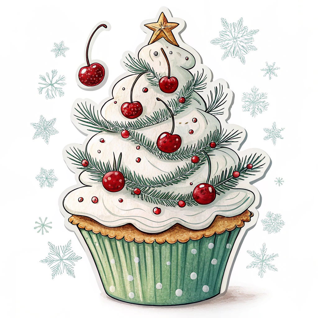 A playful Christmas tree sticker shaped like a cupcake, with icing-like white snow on the branches and cherry-like ornaments for a sweet holiday touch.