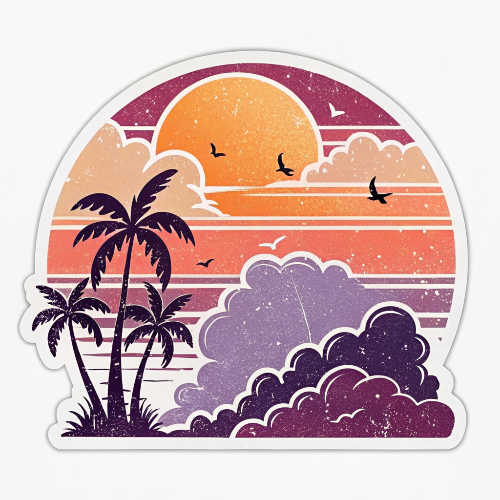 The image is a circular sticker with a colorful illustration of a sunset scene. The background is a gradient of orange, pink, and purple, with the sun setting in the top right corner. The sky is filled with white clouds and there are a few birds flying in the sky. In the center of the image, there are three palm trees on the left side. The trees are silhouetted against the sky, and the clouds are scattered around them. The overall style of the illustration is retro and cartoon-like.