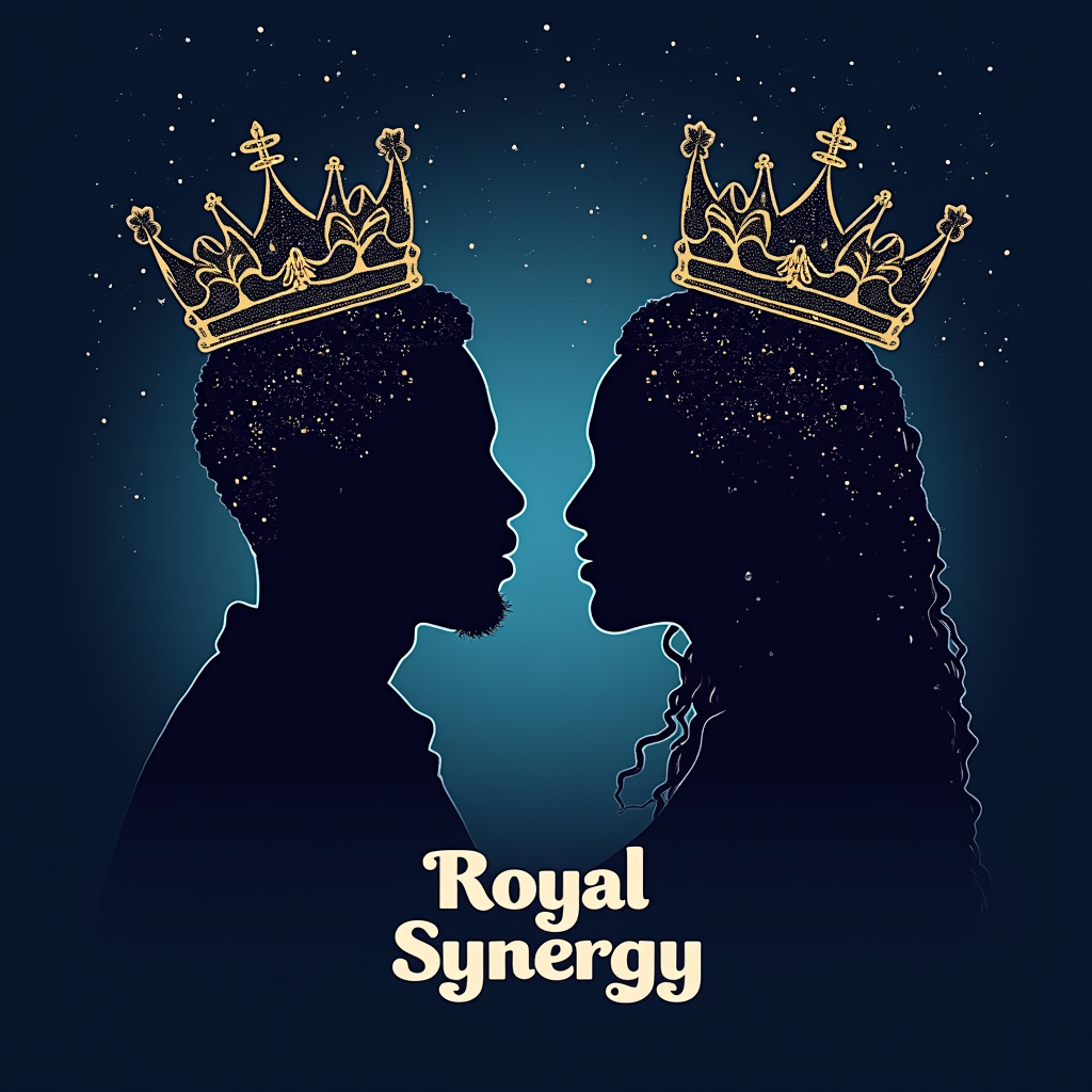 Regal Silhouettes & Constellations: Stylized profile silhouettes of Kendrick and SZA facing each other or back-to-back. Above each silhouette, a unique crown depicted as a constellation map, with key stars highlighted. The background could be a deep indigo or black, with 'Royal Synergy' written in a celestial font.