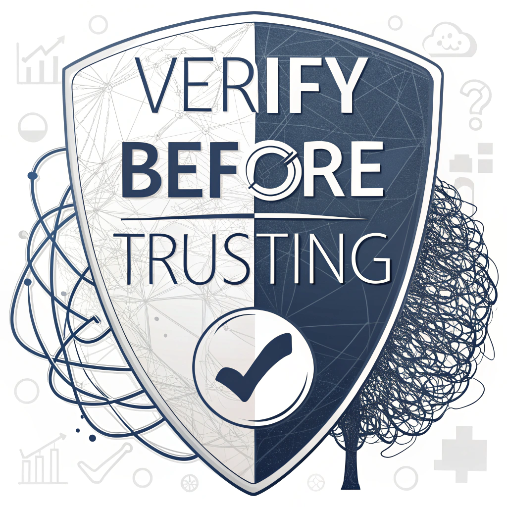 Sub Design Idea 2 (The 'Trust Shield'): A modern shield icon split in two. One side features chaotic, jumbled lines or a question mark (representing fake news), while the other side shows a clear checkmark or a simplified brain icon (representing critical verification). The slogan 'Verify Before Trusting' is integrated into the shield's design.