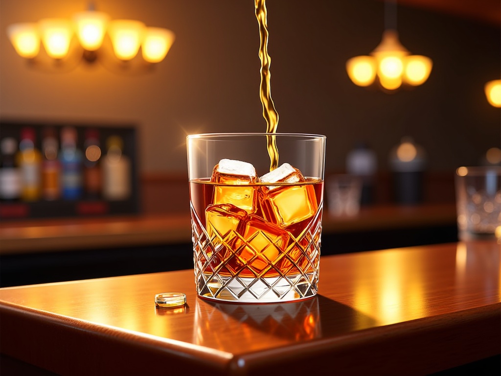  a glass of whiskey on a wooden bar counter. The glass is filled with ice cubes and the whiskey is being poured into it. The liquid is a golden color and is cascading down the sides of the glass. In the background, there are several bottles of alcohol on the shelves and a chandelier hanging from the ceiling. The overall mood of the image is elegant and sophisticated.